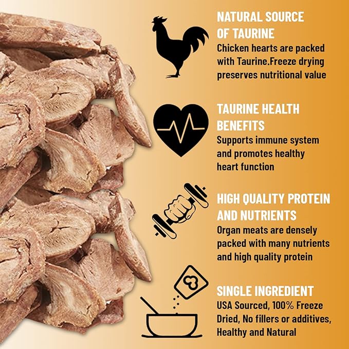 All-Natural Treat for Dogs & Cats, Single Ingredient, Picky Eaters, Grain & Gluten Free, Freeze Dried Chicken Hearts, No Preservatives, Made in USA