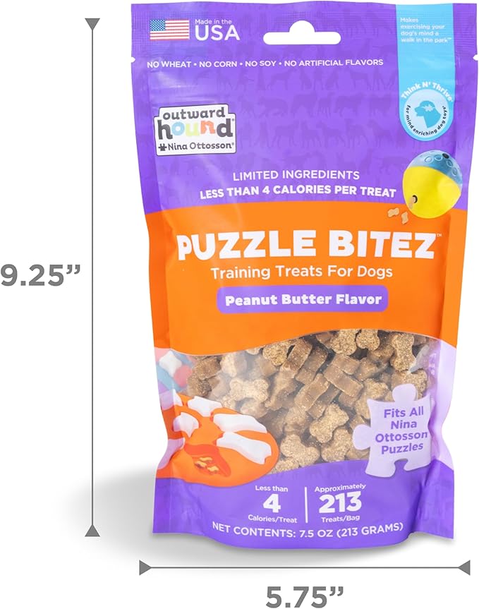 Outward Hound by Nina Ottosson Puzzle Bitez USA Made Dog Treats,Peanut Butter Flavor,Bite-Sized Training Reward and Interactive Puzzle Toy Treats,7.5oz,(Pack of 2)