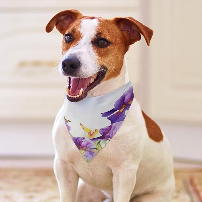 Dog Bandana Spring Pet Scarf Adjustable Triangle Iris Flower Butterfly Printing Dog Bib Washable Polyester Puppy Bandana for Small Medium Large Dogs Cat Birthday Party Supplies