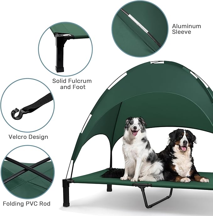 Heeyoo Elevated Dog Bed with Canopy, Portable Dog Cot with Removable Shade Tent, Outdoor Raised Pet Cot Cooling Bed for Dogs