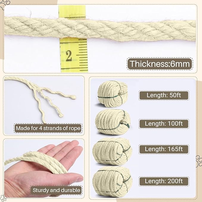 Sisal Rope for Cat Scratcher 1/4" 100 Ft Cat Tree Twine for Repairing Cat Scratching Post Replacement DIY Hemp Rope for Carpet Mat, Pet, and Crafts Gardening Home Decorating