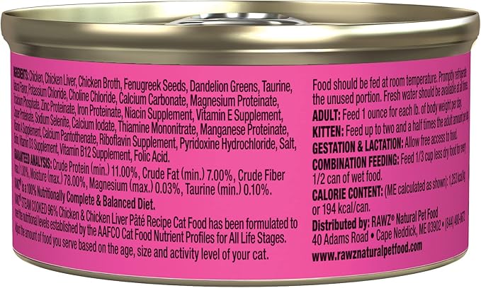 Rawz Natural Premium Pate Canned Cat Wet Food - Made with Real Meat Ingredients No BPA or Gums -3 oz Cans (Case Pack of 18) (Chicken)