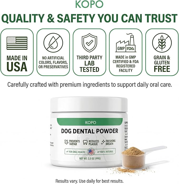 Kopo Dog Dental Powder - an Easy Solution for Extreme Bad Dog Breath with Intentionally Chosen Ingredients with Probiotics and Coenzyme Q10 - Made in USA for All Breed Size - Beef Liver Flavor