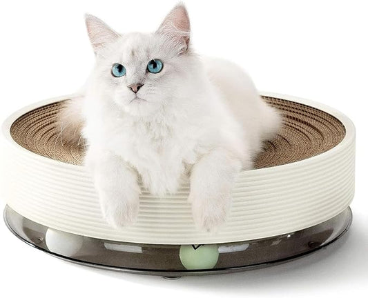 Cat Scratch Pad for Indoor Cat Round Cardboard Cat Scratcher Bed with Cat Ball Toy Ringing Bell for Multi-Cat Households Horizontal Nail File Sleep Fun All-in-One