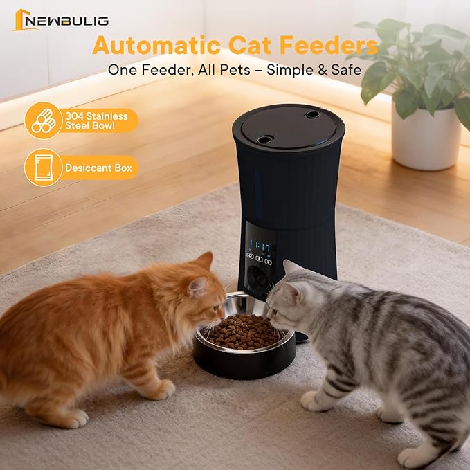 NEWBULIG Automatic Cat Feeder, 4L Timed Pet Feeders with 10s Voice Recorder, Dog Food Dispenser with APP Control, Dry Food, 10 Meals, Programmable 50 Portions, Dual Power Supply, Desiccant Bag