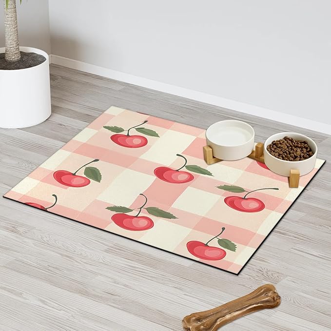 Cherry Fruit Dog Food Mat for Floors Absorbent Dog Bowl Mat for Food and Water Dispenser Quick Dry Cat Food Placemat Pet Supplies 24" x 32", Buffalo Check