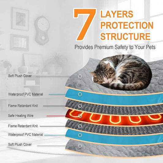 Cat Heating Pad, 6 Adjustable Temperature & 5 Timer Options, 15.7'' x 27.5'' Pet Heating Pad for Cats Dogs, Waterproof Indoor Outdoor Electric Heated Cat Bed Dog Mat with Chew-Resistant Cord (Grey)