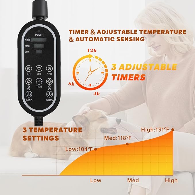 Pet Heating Pad for Cats & Dogs,Safe Electric Cat Warming Pad with Chew Resistant Cord,Automatic Induction Heated Cat Bed,Adjustable Temperature & Time (Camel, 17.7" x 17.7")