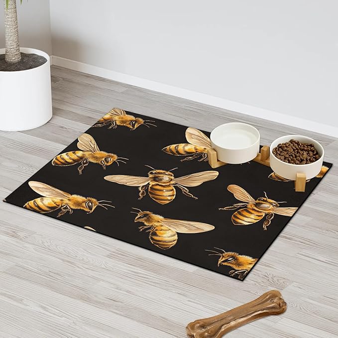 Bee Dog Food Mat for Floors Absorbent, Quick Dry Water Dispenser Mat for Food, Water, Pet Supplies 17" x 30", Farmhouse Honeybee
