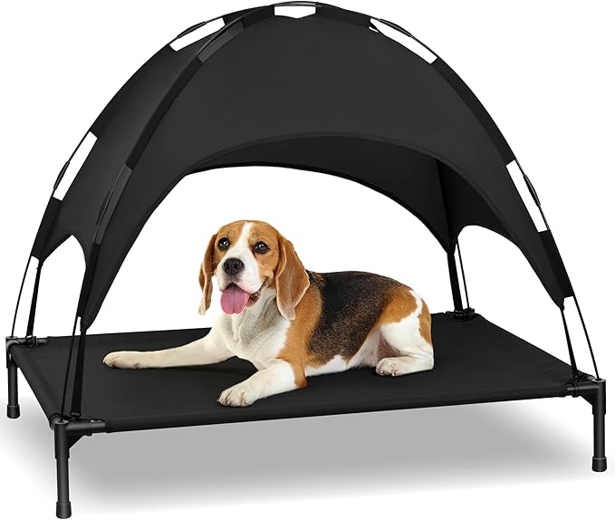 Heeyoo Elevated Dog Bed with Canopy, Portable Dog Cot with Removable Shade Tent, Outdoor Raised Pet Cot Cooling Bed for Dogs
