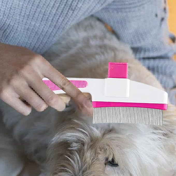 Cat Hair Brush for Dogs and Cats, Dog Grooming Supplies with Easy Release Button, Puppy Flea Cleaning Comb for Bathing Long and Short Hair Pets, Indoor Outdoor Removal, Soft Gentle Grooming Tool