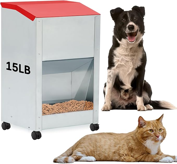 15 lb Automatic Dog Feeder for Large Breed with Wheels Galvanized Gravity Dog Food Dispenser Outdoor Pet Self Feeding, Easy to Move with Rolling Wheels