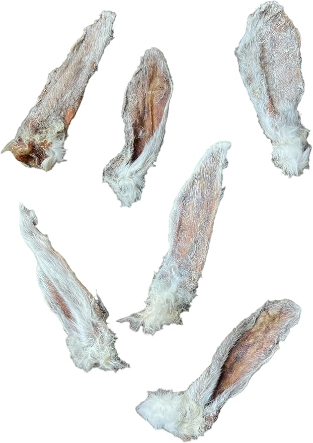 Dehydrated Rabbit Ears for Dogs & Cats - - USA Sourced Whole Ears with Fur for Dogs - Rawhide Alternative - 100% Single Ingredient Crunchy Furry Rabbit Ears (6 Count)