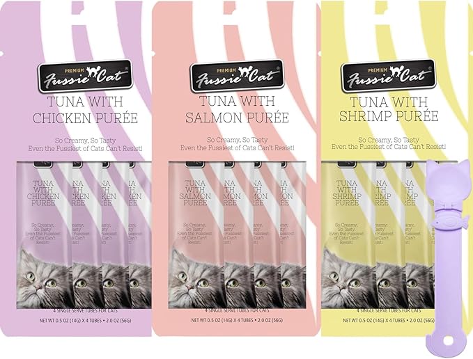Fussie Cat Premium Puree Lickable Cat Treats in Tuna Puree, Lickable Treats, 3 Packs of 4-0.5oz Tubes,(12 Total Tubes) Variety Flavor Pack of 3 Flavors. Salmon, Shrimp, Chicken + Lid