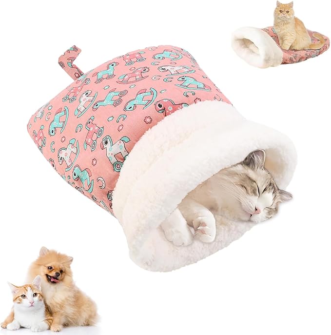 Cozy Cat Sleeping Bag, Cat Sleeping Bag for Indoor Cats, 360°Warm Cat Nap Sleeping Bag, Soft Plush Cat Sack Bed, Large Sleeping Bag for Cats up to 7.5Kg/16Lbs-Pink