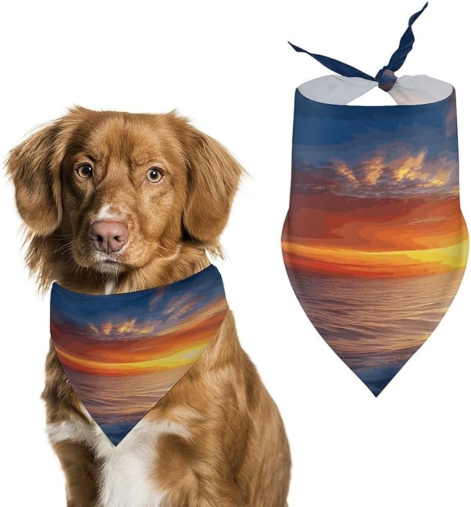 Dog Bandana Spring Pet Scarf Adjustable Triangle Sea and Sunset Printing Dog Bib Washable Polyester Puppy Bandana for Small Medium Large Dogs Cat Birthday Party Supplies