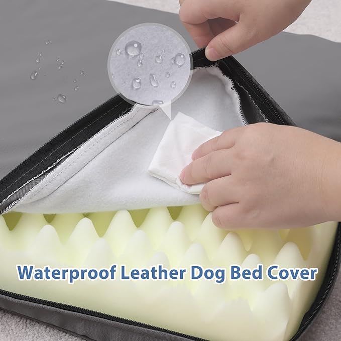 Vonabem Large Dog Bed Waterproof, Leather Outdoor Pet Bed with Washable Removable Cover Reversible, Durable Foam Orthopedic Anti-Slip Dog Pads Wipeable 36"x27" Grey
