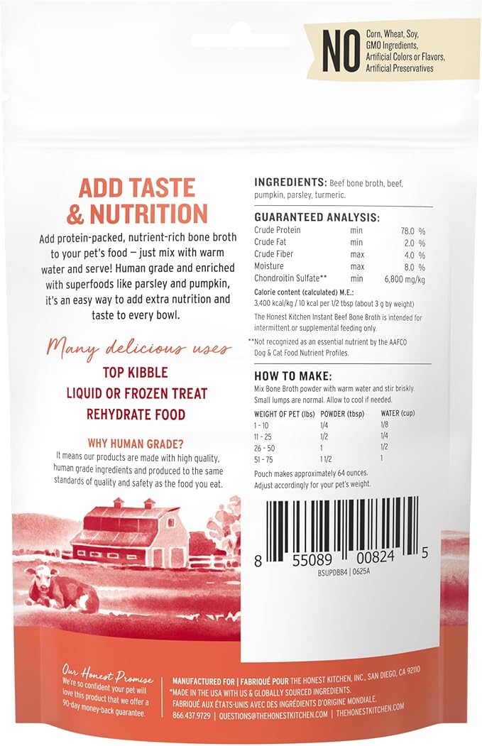 The Honest Kitchen Human Grade Daily Boosts Instant Beef Bone Broth with Turmeric for Dogs 3.6 Ounces