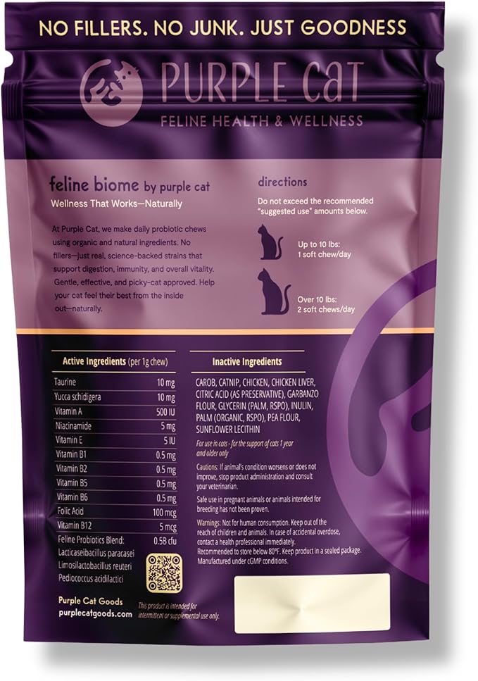 Feline Biome: Premium Cat Probiotic – Gut Health, Diarrhea Relief & Immune Support – Natural & Organic Ingredients – 60 Soft Chews with Real Chicken and Chicken Liver