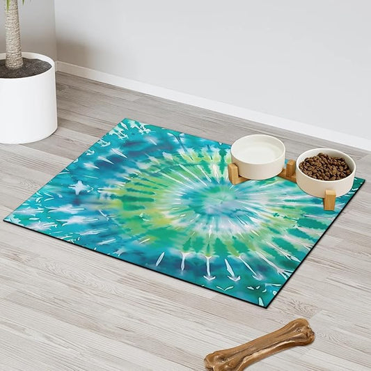 Tie Dye Dog Food Mat for Floors Absorbent, Quick Dry Water Dispenser Mat for Food, Water, Pet Supplies 17" x 30", Blue Green