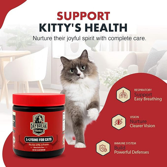 L-Lysine for Cats and Kittens - 900 mg L Lysine Powder for Cats for Immunity & Respiratory Support - Cat Supplement with L-Lysine, Prebiotics, Krill, & DMG for Immune System (120 Servings)