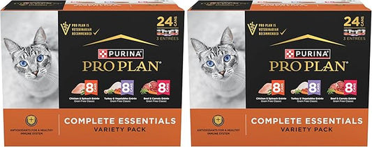 Purina Pro Plan Complete Essentials Chicken, Turkey and Beef Grain Free Wet Cat Food Variety - 3 oz. Cans, (Pack of 48)