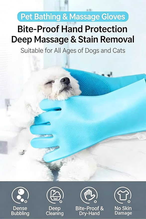 FurryGo Pet Grooming Gloves - Dog Washing Gloves with Bite-Resistant Long Sleeves Enhanced Five Finger Design for Bathing and Massaging Dogs and Cats, Blue