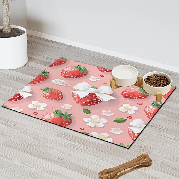 Strawberry Dog Food Mat for Floors Absorbent Dog Bowl Mat for Food and Water Dispenser Quick Dry Cat Food Placemat Pet Supplies 17" x 30", Floral