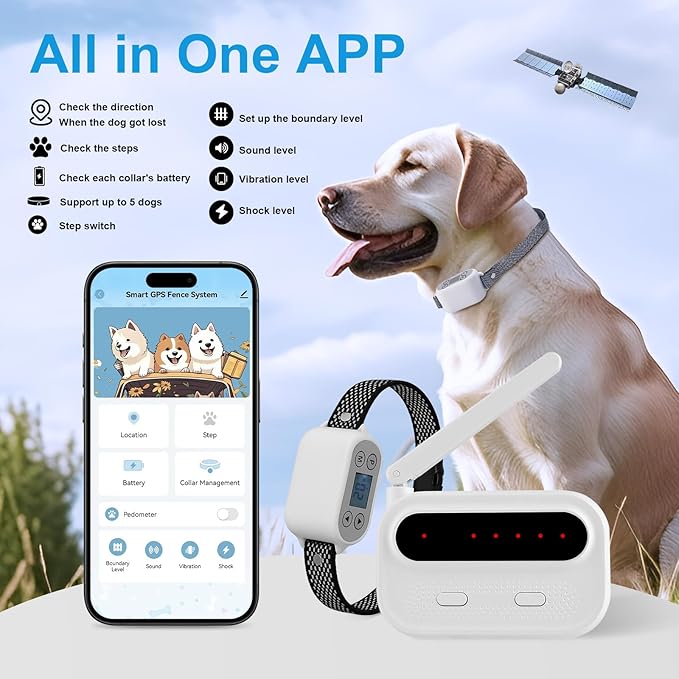 GPS Wireless Dog Fence System with App Control - No Subscription & No Wire, up to 984 FT IPX7 Waterproof Electric Pet Containment Collar with Beep/Vibration/Shock, Support up to 5 Dogs(White)