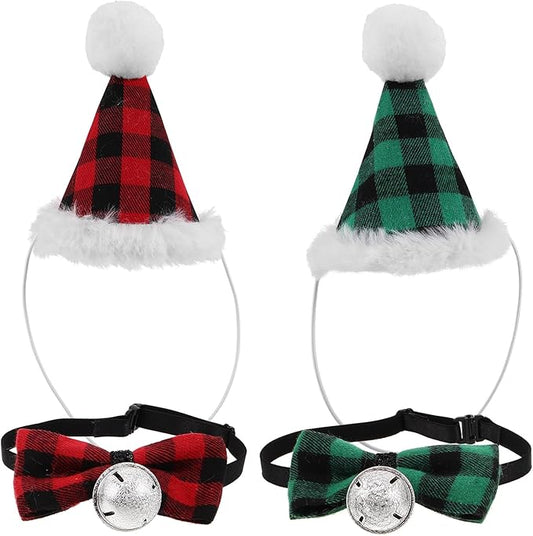 Outanaya Dog and Cat Christmas Hat and Bow Tie Set, Green Checkered and Red Geometric Pattern, Festive Pet Accessories for Small Dogs and Cats, Holiday Party Supplies