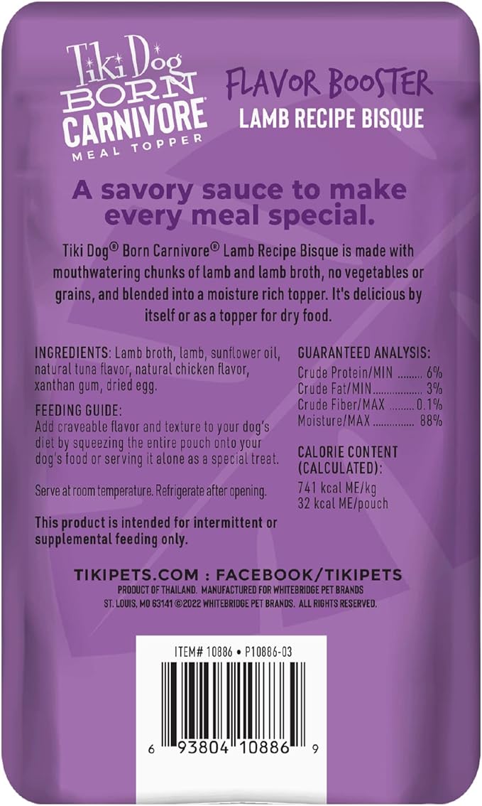 Tiki Dog Born Carnivore Flavor Booster, Lamb Recipe Bisque, Grain Free Meat Based Treat, Meal Topper for All Dog Breeds and All Life Stages, 1.5 oz. 12 Count
