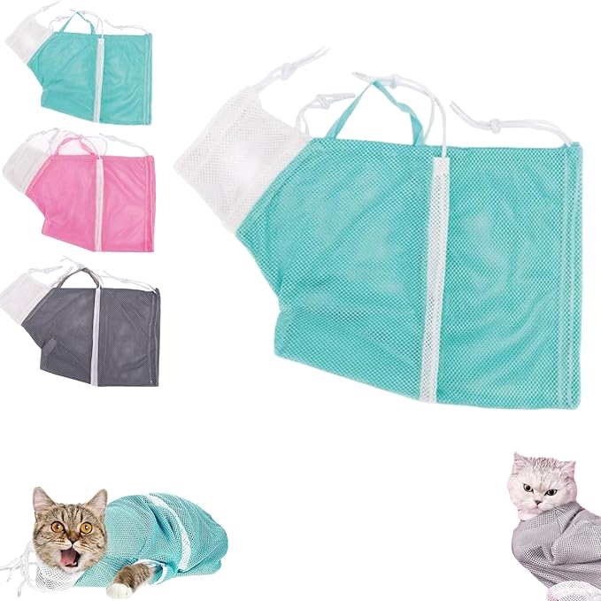 Multifunctional Cat Mesh Bathing Bag, Anti-Bite and Anti-Scratch with Zipper and Drawstrings, Adjustable Breathable Polyester Mesh Restraint for Bathing, Nail Trimming (Green)