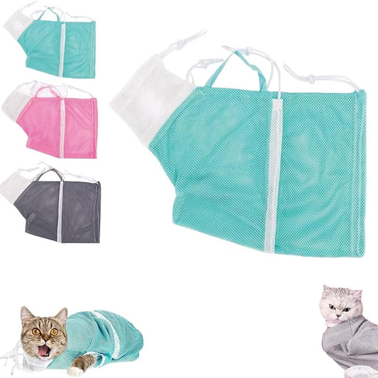 Multifunctional Cat Mesh Bathing Bag, Anti-Bite and Anti-Scratch with Zipper and Drawstrings, Adjustable Breathable Polyester Mesh Restraint for Bathing, Nail Trimming (Green)