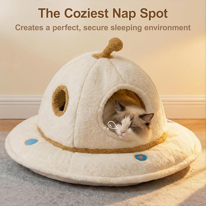 Cat Beds for Indoor Cats - 2 in 1 Cute Cat Bed Cave for Large Cats with Removable Washable Cushioned Pillow, UFO Cozy Large Cat Bed Hideaway (Up to 25 Lbs)