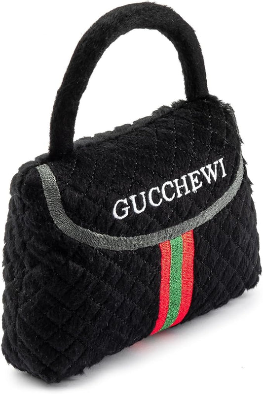Dog Diggin Designs Gucchewi Striped Plush Dog Toy Purse | Luxury-Inspired Parody Designer Handbag with Squeaker, Soft Plush Fashion Dog Toy – Haute Couture Purses & Handbags
