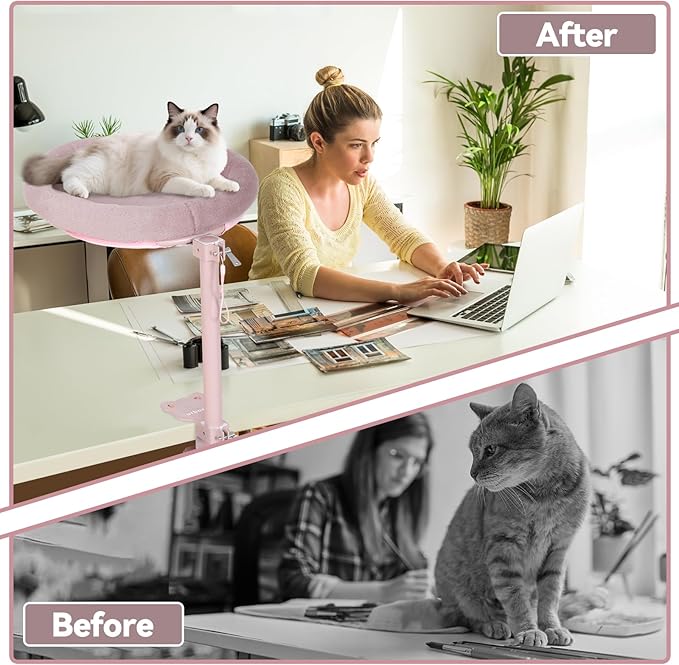 Cat Desk Bed,Steel Cat Bed for Desk,Up and Down Available,360° Rotating, Shelf Height Adjustable, Desktop Attachment Cats Nest Perch Hammock for Office Game Tables, Supports 40lb (Pink)