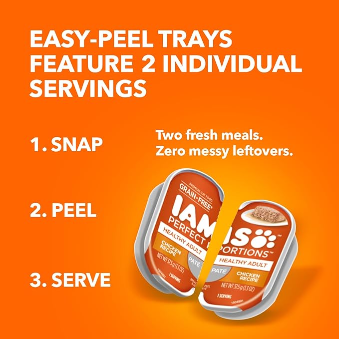 IAMS Perfect Portions Sensitive Digestion & Skin Wet Cat Food Pate, Healthy Adult Grain Free Pate, Chicken and Tuna Recipe, 2.6 oz. (24 Twin Packs)