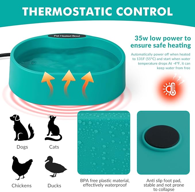 Large Heated Pet Water Bowl for Dogs, 3.7L Heated Dog Bowl Outdoor Heated Water Bowl for Cats,Chicken, Heated Dog Water Bowl -Keep Water Warm in Winter,35W Thermostatic Control and Anti Chew Cord
