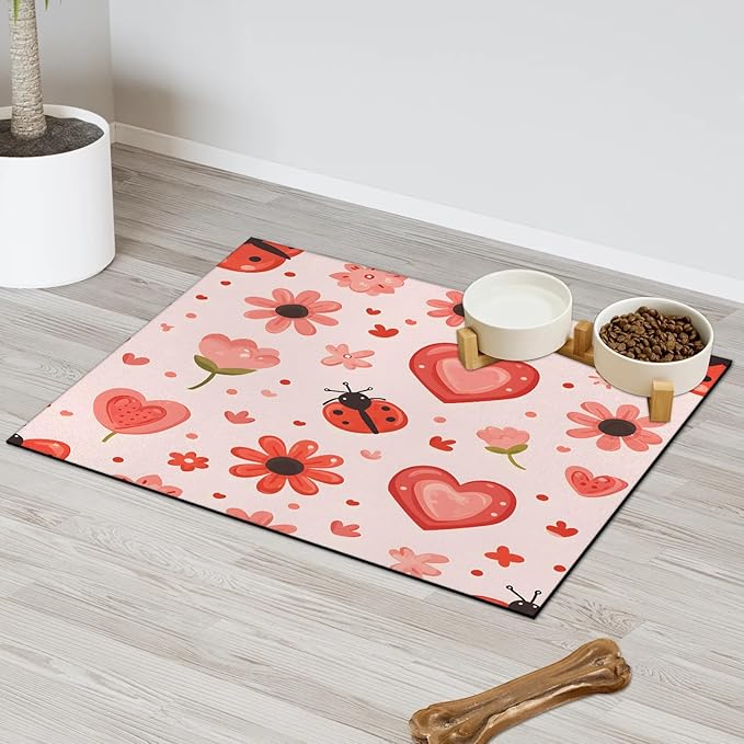Red Ladybird Dog Food Mat for Floors Absorbent, Quick Dry Water Dispenser Mat for Food, Water, Pet Supplies 17" x 30", Spring Flower