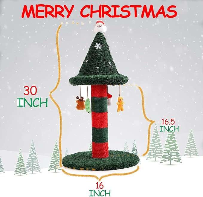 LUCKITTY Cat Scratching Post with 4 Hanging Plush Toy - Christmas Tree Alternative Give Your Cat a Toy and Scratching Post in One with This Ultimate Tree 30 * 15 Inch Red Green