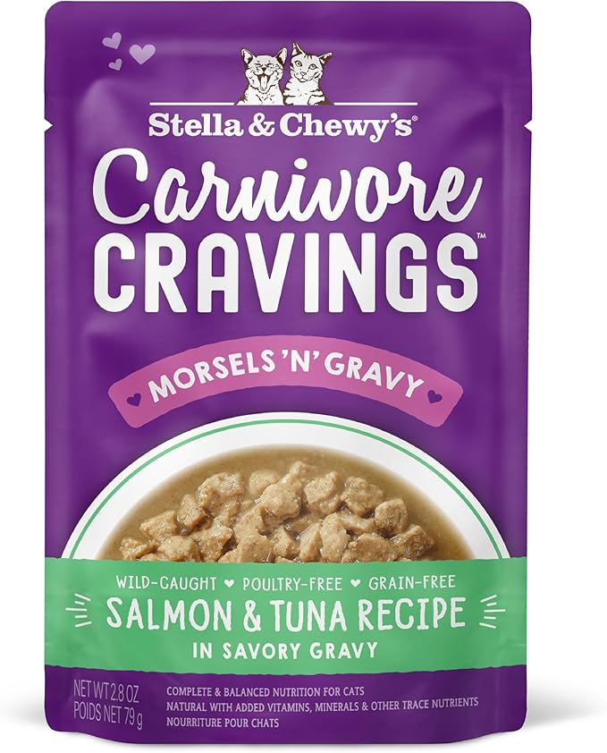 Stella & Chewy's Carnivore Cravings Wet Cat Food Pouches - Premium Salmon & Tuna Recipe - Grain-Free Morsels & Gravy - Perfect for Picky Eaters - Complete Meal or Topper - 2.8oz, 24-Pack
