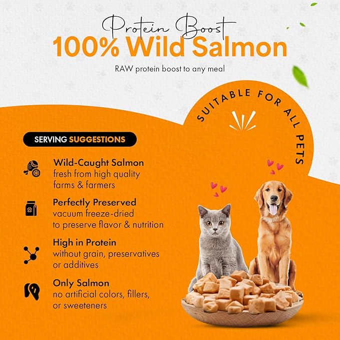 Freeze Dried Salmon Cat Treats | 100% Wild Caught Salmon Dog Treats, Grain- Free | High Protein, Single Ingredient Cat & Dog Food Toppers | No Additives or Preservatives | Tested in USA | 5.3 oz