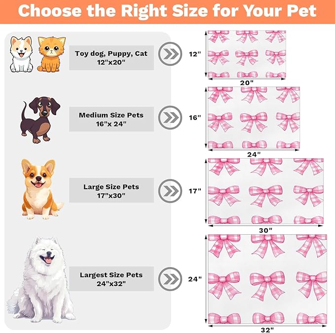 Plaid Bow Dog Food Mat for Floors Absorbent, Quick Dry Water Dispenser Mat for Food, Water, Pet Supplies 16" x 24", Pink Bowknot