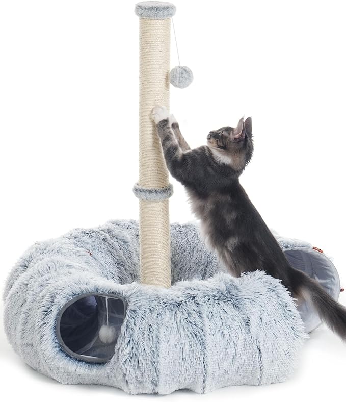 3-in-1 Cat Toys, 34'' Tall Cat Scratching Post with Donut Tunnel, Fluffy Plush Peekaboo Cave for Indoor Pets Such as Kittens, Puppies, Rabbits, and Ferrets