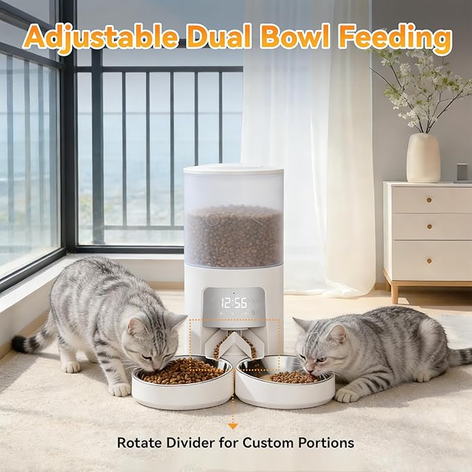NEWBULIG Automatic Cat Feeder for 2 Cats, 6L Timed Pet Feeders with 10s Voice Recorder, Dog Food Dispenser, Dry Food, 6 Meals, Programmable 50 Portions, Dual Power Supply