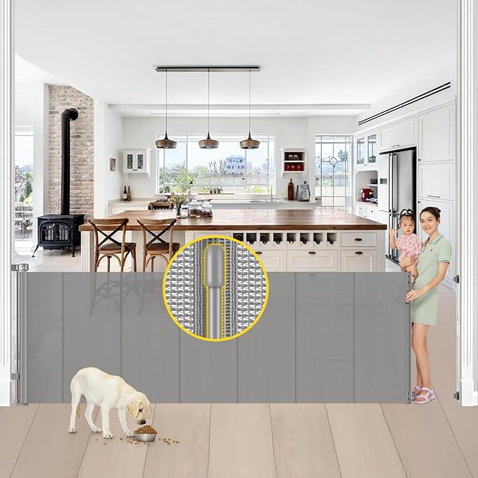 Reinforced 42” Tall x 100” Wide Retractable Baby Gates Extra Tall Dog Gate with Rods to Prevent Crawling Through, Pet Gate for Large Openings Extra Wide Mesh Baby Gate for Stairs, Gray