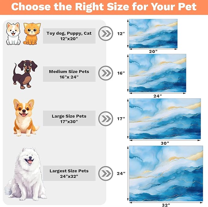 Marble Dog Food Mat for Floors Absorbent, Quick Dry Water Dispenser Mat for Food, Water, Pet Supplies 24" x 32", Blue Gold Marble