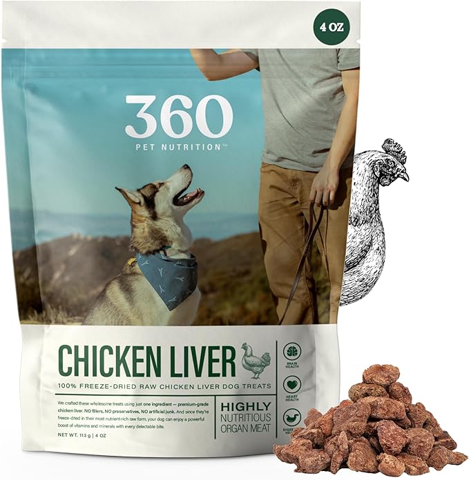 360 Pet Nutrition Freeze Dried Multi Protein Complete Meal for Adult Dogs, High Protein, Omega 3's, No Fillers, Made in The USA + Chicken Liver Treat
