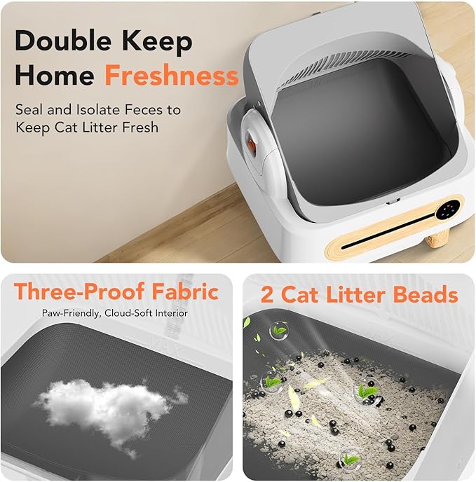 RPZ Automatic Cat Litter Box Self Cleaning, Robot Litter Box for Multiple Large Cats, Open Top Auto App Control Ultra-Quiet, Durable, Keep Home Freshness, Wood Grain