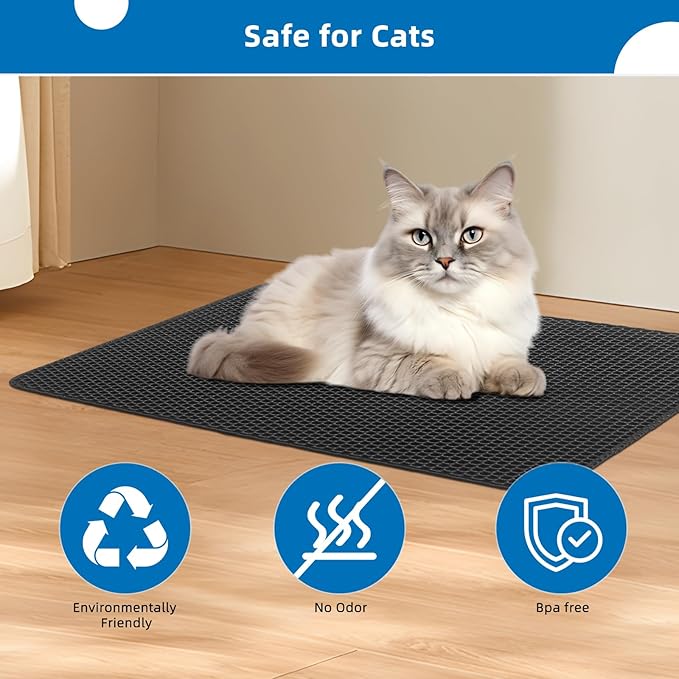 Cat Litter Mat for Indoor Cats Eva Double-Layer Litter Box Mat Washable for Easy Cleaning Cat Rug Collects Litter and Prevents Liquid Leakage (Gray, 23.6×15.7inch)